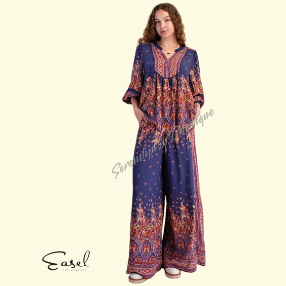 Easel Boho Flowy Colorful Floral Long Sleeve Oversized Peasant Blouse Blueberry - Picture 5 of 8